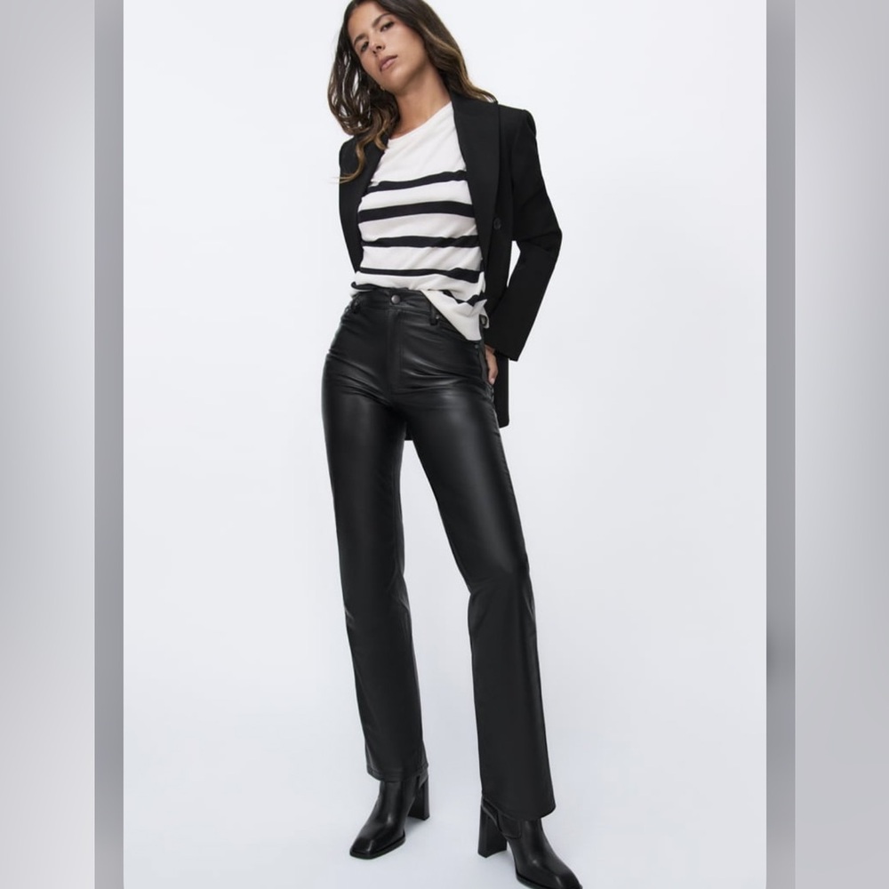 ZARA black faux leather straight leg pants